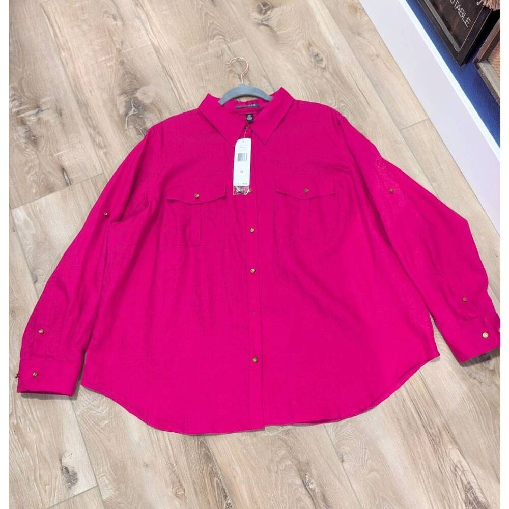 Ralph Lauren Linen Shirt Women's Plus 3X Fuchsia Hot Pink Button Up Top NWT